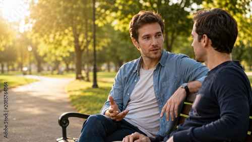 Two Friends Having Sincere Conversation on Park Bench