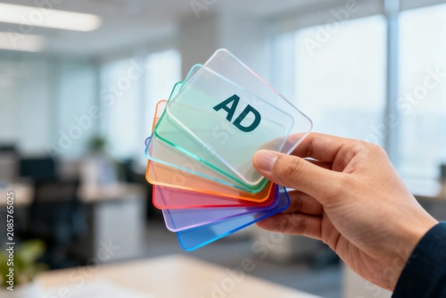 Hand holding colorful AD cards in office