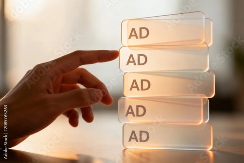 Hand balancing AD-labeled glass blocks in warm light