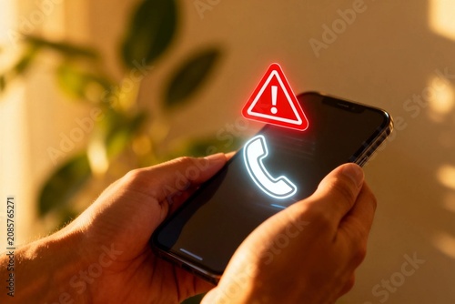 Hands holding smartphone with call alert icon
