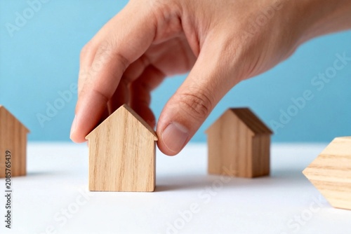 Hand placing wooden house model on white surface