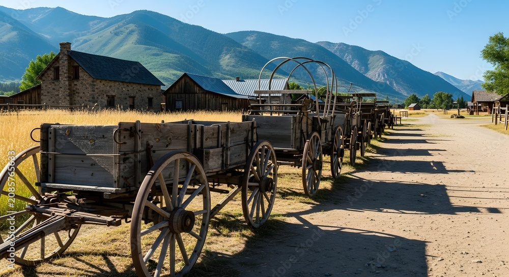 Fototapeta premium Historical wooden wagons in a mountain landscape