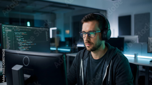 focus Developer, Coding. A man with glasses is looking at a computer screen with a lot of code on it