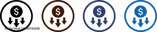 Foto Set of four circular icons representing financial cost reduction and decreasing dollar currency