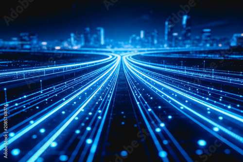 A futuristic digital highway made of glowing blue light paths leads to a blurred smart city skyline, representing high-speed data and tech infrastructure.