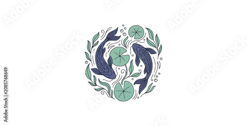 Koi Fish and Lily Pads Circular Illustration