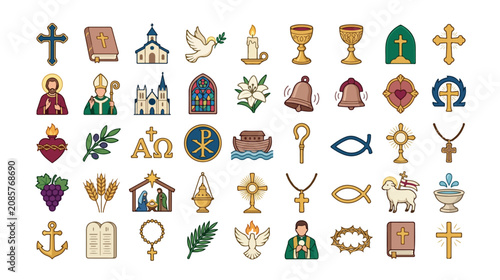 Photos Christian religious icons set, 45 colorful church symbols and catholic elements