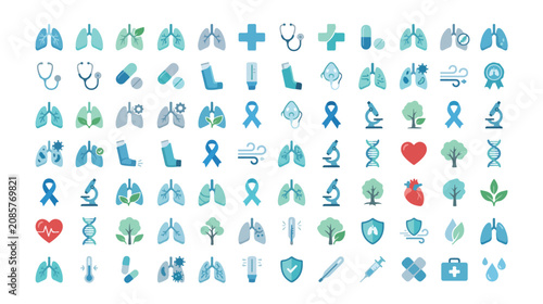 Bild auf Leinwand Respiratory health icon set, 80 medical lung and pulmonary care vector symbols,