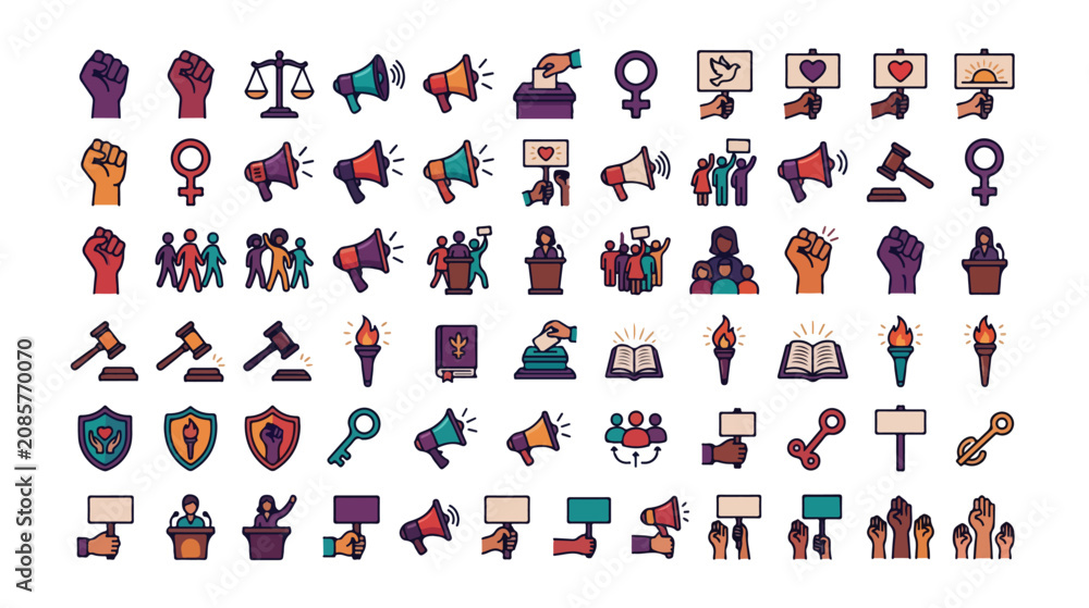 Fototapeta premium Social justice and protest icon set, 60 human rights and activism vector symbols, equality and feminism flat line icons for civil rights movements