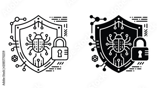 Secure software bug protection and cybersecurity lock icons with security