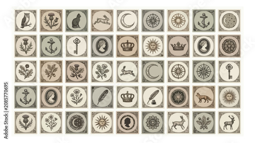 Vintage mystical icon set, 50 antique botanical and celestial vector symbols, rustic hand-drawn occult stamps for branding and stationery