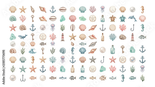 Watercolor nautical icons set, hand drawn sea life and beach elements vector, pastel seashell and marine animal collection for summer stationery
