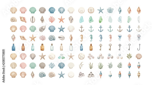 Watercolor nautical ocean elements set, hand painted seashell and starfish icons, 112 coastal beach vector illustrations for summer design
