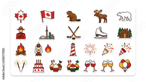 Canada day icon set with 25 vector stickers, Canadian national symbols and celebration elements, maple leaf and wildlife illustrations for travel and tourism