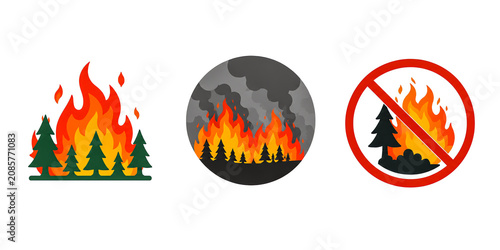 Set of three forest fire icons: a burning forest, a smoky wildfire scene, and a 'no fire' prohibition sign. Conceptual illustrations for wildfire prevention and climate alerts.