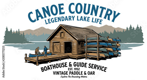 Φωτογραφία Vintage rustic boathouse and canoe rack by a lake with mountain landscape, retro graphic vector illustration for t-shirt design and travel branding