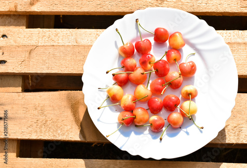 Ripe merry on white plate on wooden background, summer harvest 