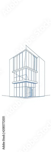 Blueprint drawing of a modern building exterior on a white background, showcasing clean lines and architectural vision,  precise,  geometric design