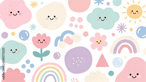 Cute Kawaii Pattern with Happy Clouds Sun and Rainbows for Kids Nursery Wallpaper or Stationery Background Design