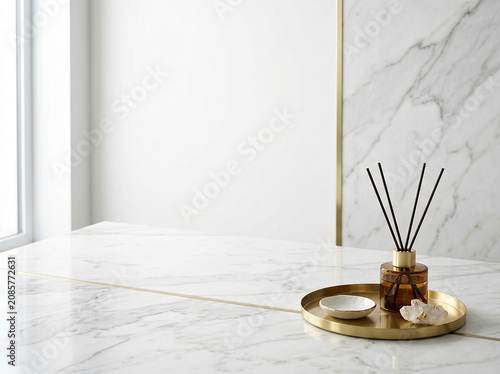 Minimalist white marble and brass interior with luxury fragrance diffuser and decorative tray in a bright room