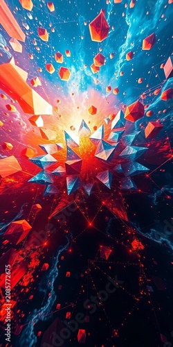 Cosmic bloom of geometric shapes, bursting with electric blues and fiery oranges, seen from an earthbound gaze,  intense,  wide angle