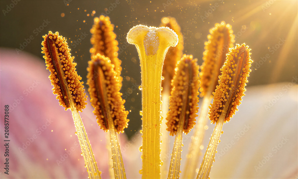 Fototapeta premium Extreme macro of flower stamen shows golden pollen granules glistening under warm rim light with translucent filaments and atmospheric haze