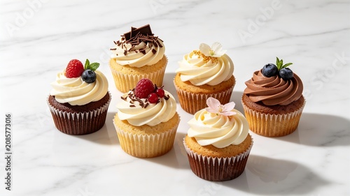 Gourmet Assorted Cupcakes with Berries and Chocolate Toppings on a White Marble Surface for Bakery Menu and Food Advertising