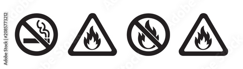 Konstfotografi Four hazard warning signs and prohibition icons regarding fire on grey transparent background