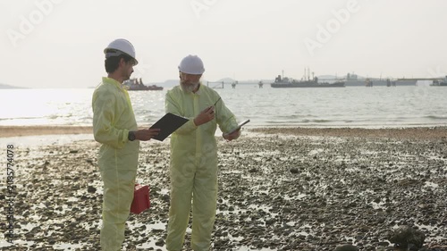 Two environmental scientists in protective gear perform a coastal site inspection, collaborating and reviewing compliance data on a clipboard near an industrial port.