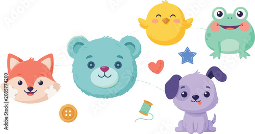 Foto Cute Handmade Plush Animal Toy Vector Element Set Featuring Stuffed Bear Fox Chi