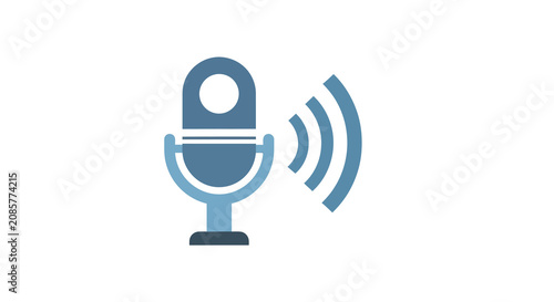 Fotografie Microphone And Sound Waves Icon Flat Blue Silhouette On White Background