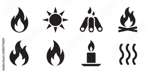 Tableau sur toile Minimalist fire icons collection with flames campfire sun candle and heat wave silhouettes