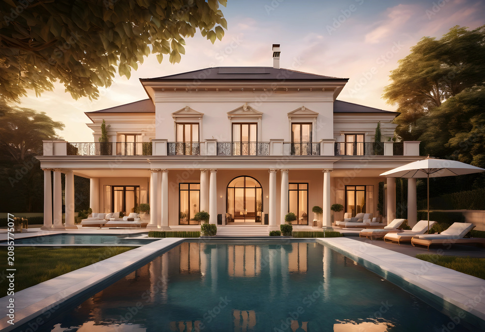 Obraz premium Luxury mansion with swimming pool at golden hour