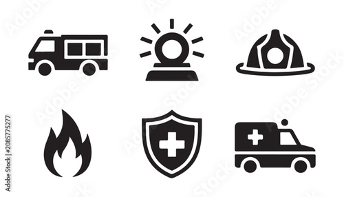 Photos Set of emergency service icons featuring fire engine siren helmet flame shield and ambulance