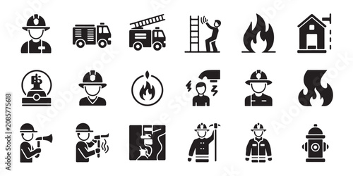 Konstfotografi Comprehensive set of firefighting icons featuring personnel equipment and emergency vehicles