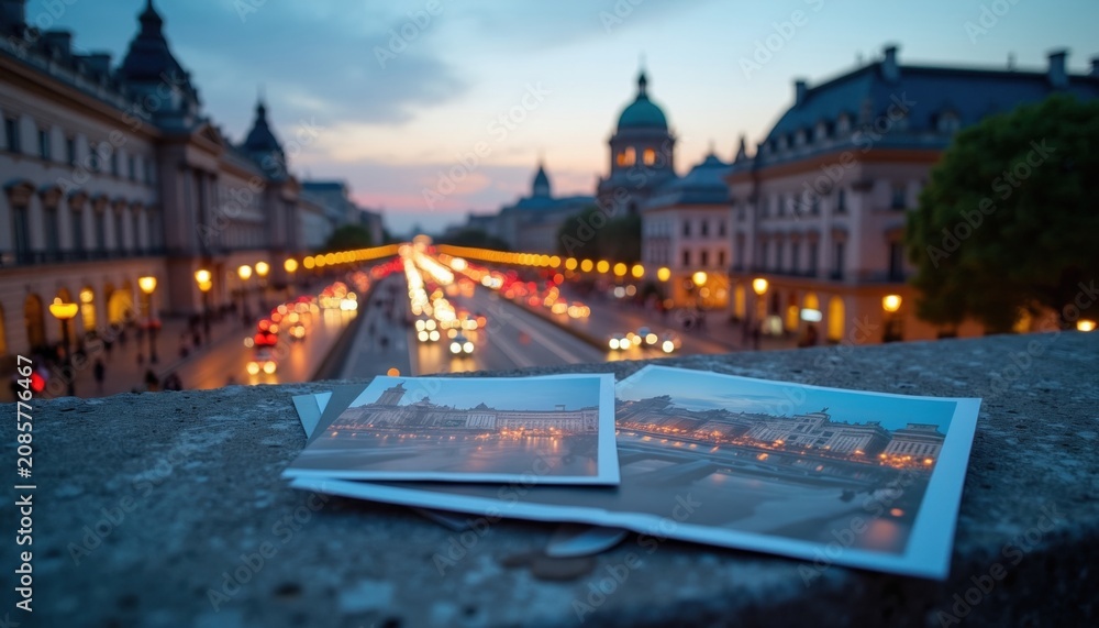 Obraz premium Photos of Paris cityscape at dusk lie on a stone railing. Blurred city lights and traffic create romantic evening ambience for travelers memories.