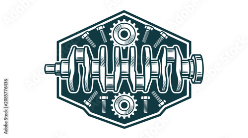 Bild auf Leinwand Automotive engine crankshaft illustration with mechanical gears and metal bolts enclosed in a hexagonal industrial emblem, vintage style car repair logo on white background