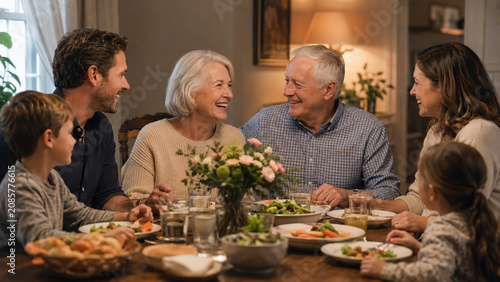 Intergenerational family dinner honoring grandparents with natural celebration