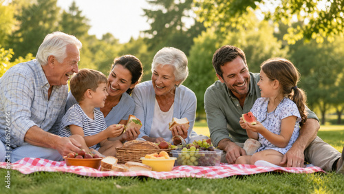 Grandparents Day family picnic with three generations in summer park