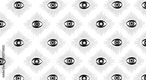 Hypnotic black and white pattern of mystic eyes with dramatic line ray starbursts arranged in a seamless diagonal grid.