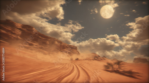 Desert road with tire tracks and off road vehicles kicking up dust under dramatic cloudy sky and bright sun, adventurous mood