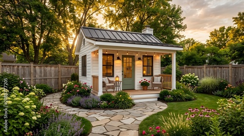 Cozy cottage in backyard garden at sunset