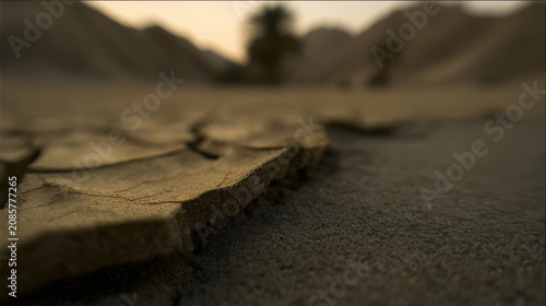 Cracked dry mud in arid desert landscape at golden hour with blurred dunes and distant lone palm conveying heat and solitude