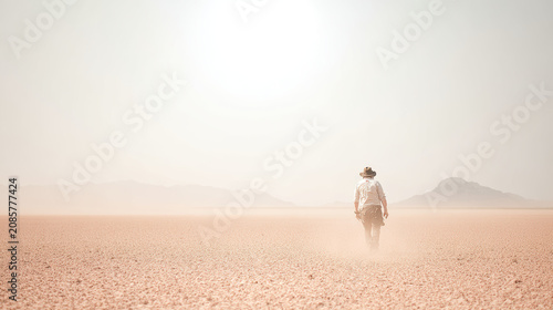 Man walking desert man desert arid horizon solitude traveler hat dust sun landscape sand heat dry walking back view lonely exploration journey