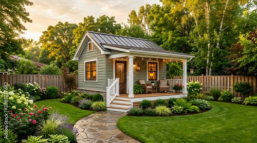 Cozy tiny cottage in a lush backyard garden