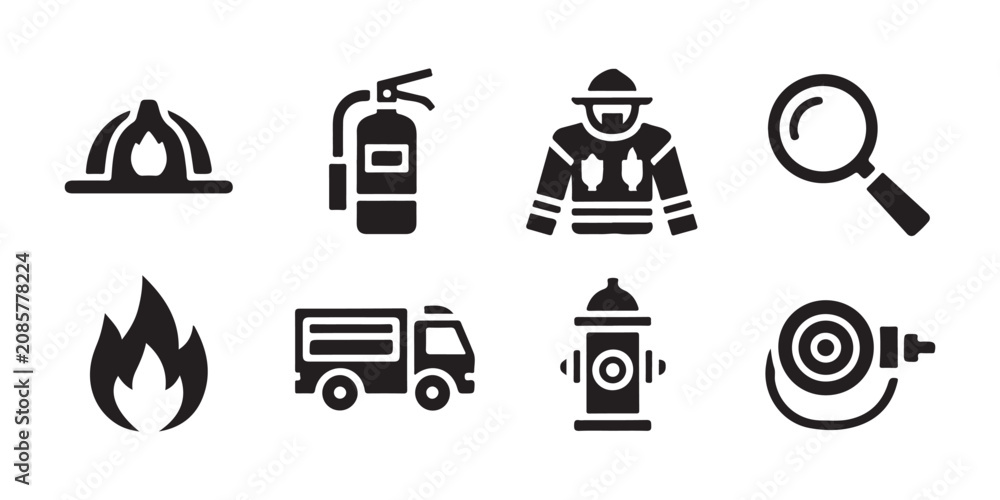 Fototapeta premium Emergency fire service icons including uniform magnifying glass and equipment linear design.