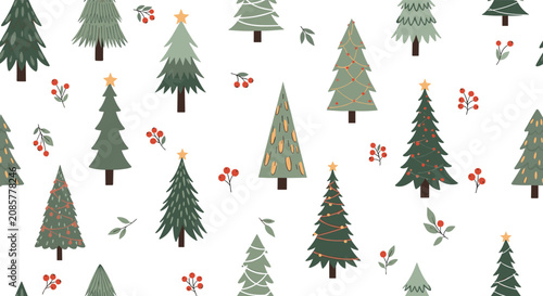 Beautiful festive winter Christmas tree forest with red berries and pine twigs in a seamless wallpaper pattern.