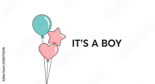 Charming baby shower greeting card with its a boy text decorated with cute pink heart star and blue helium balloons.