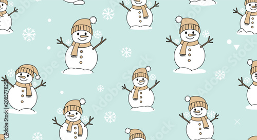 Friendly cute snowmen wearing beige winter hats and warm scarves in a seamless pattern on light blue backdrop.