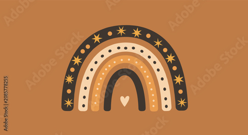 Modern scandinavian boho rainbow arch with small gold stars on a warm rust brown background beautiful card design.
